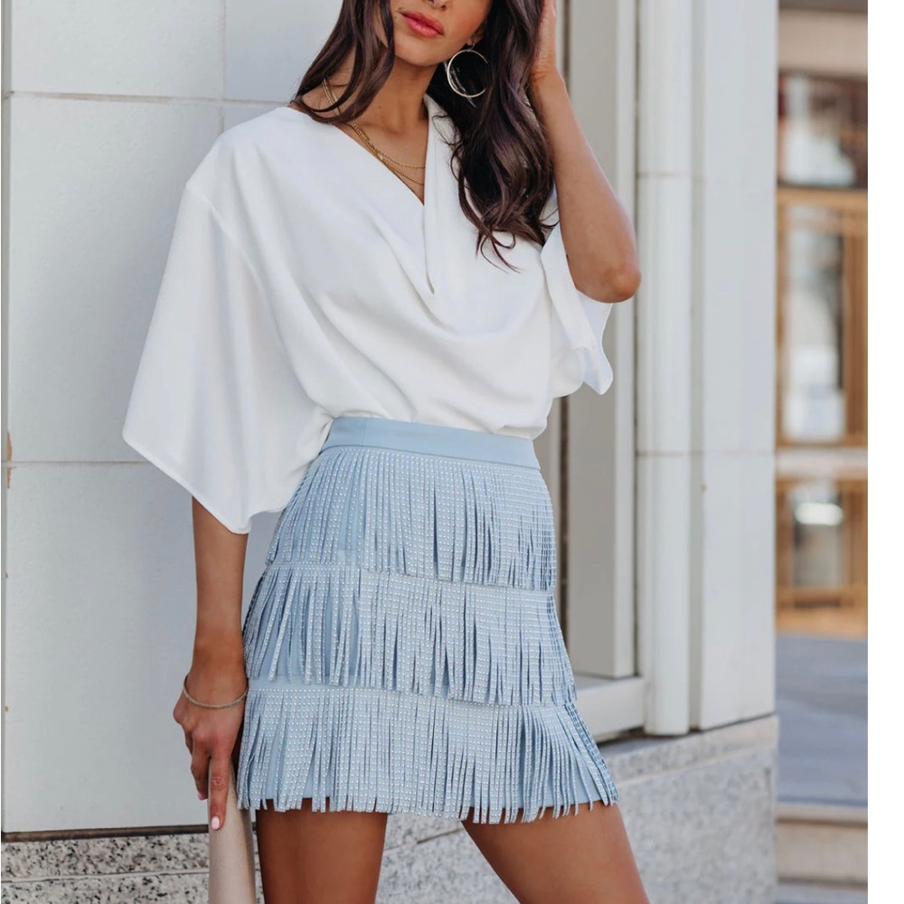 ZOIE STUDDED FRINGE MINI SKIRT - BLUE -